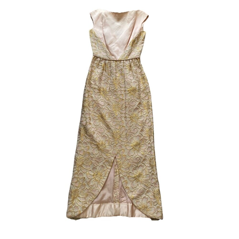 Vintage Dress 1960s Embroidered Floral Satin Pink Gold Long Gown Sheath XS / S